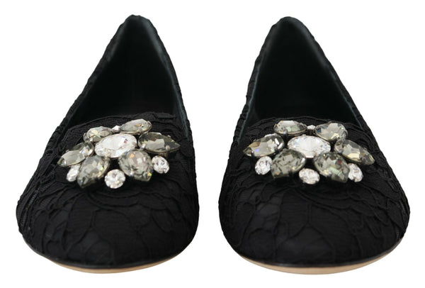 Dolce &amp; Gabbana Mustat Taormina Lace Crystals Flats -kengät