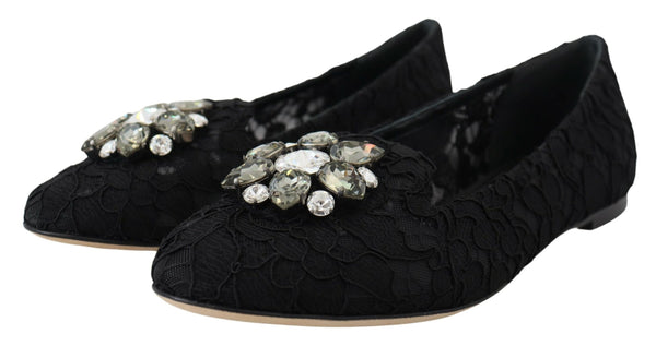 Dolce &amp; Gabbana Mustat Taormina Lace Crystals Flats -kengät