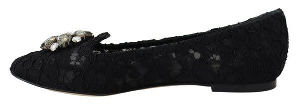 Dolce &amp; Gabbana Mustat Taormina Lace Crystals Flats -kengät