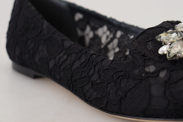 Dolce &amp; Gabbana Mustat Taormina Lace Crystals Flats -kengät