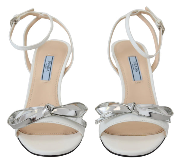 Prada Elegant Silver-White Leather Strap Heels