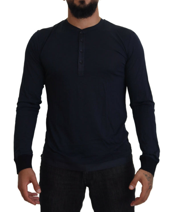 Dolce &amp; Gabbana Blue Cotton Button Crewneck villapaita