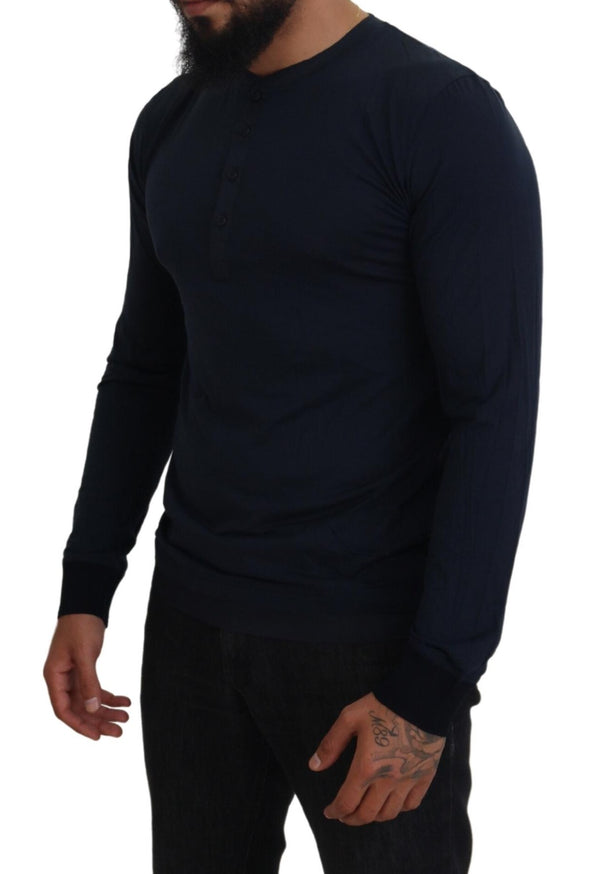 Dolce &amp; Gabbana Blue Cotton Button Crewneck villapaita