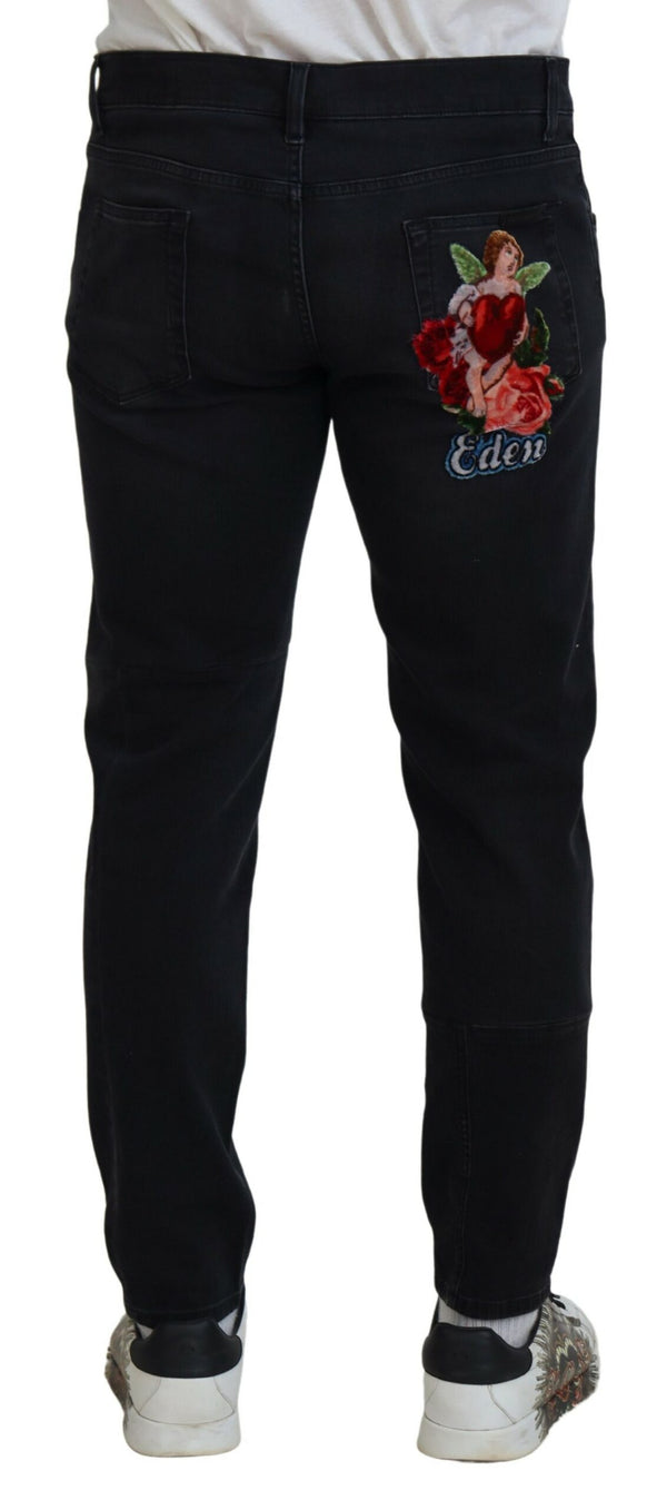 Dolce &amp; Gabbana Black Angel Embroidery Skinny Denim Farkut