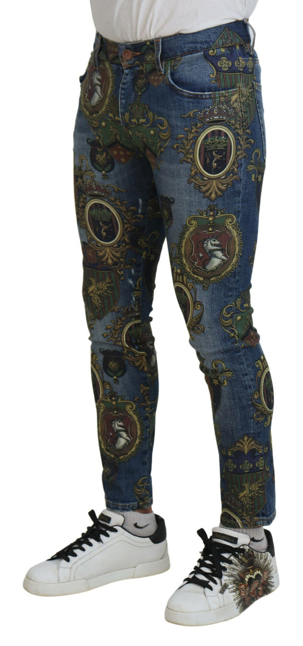 Dolce &amp; Gabbana Blue Medal Print Slim Fit Cotton Farkut