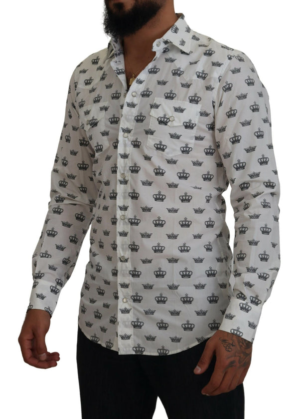 Dolce &amp; Gabbana White Crown Print Slim Fit -puuvillapaita