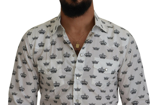 Dolce &amp; Gabbana White Crown Print Slim Fit -puuvillapaita