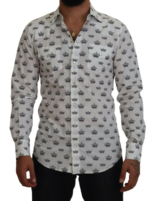 Dolce &amp; Gabbana White Crown Print Slim Fit -puuvillapaita