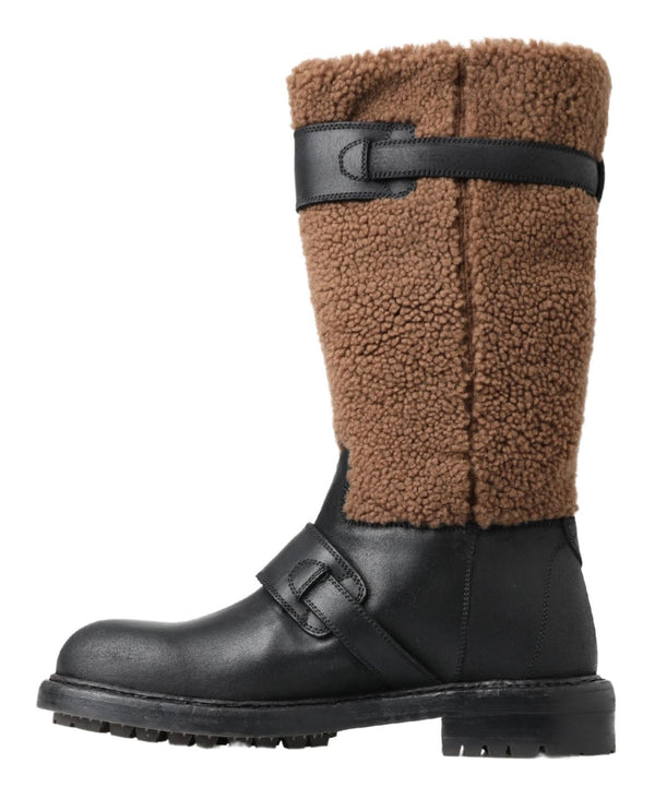 Dolce &amp; Gabbana mustat nahkaiset ruskeat shearling-saappaat