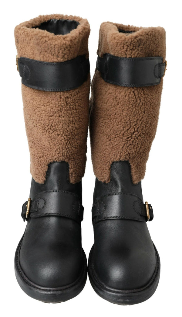 Dolce &amp; Gabbana mustat nahkaiset ruskeat shearling-saappaat