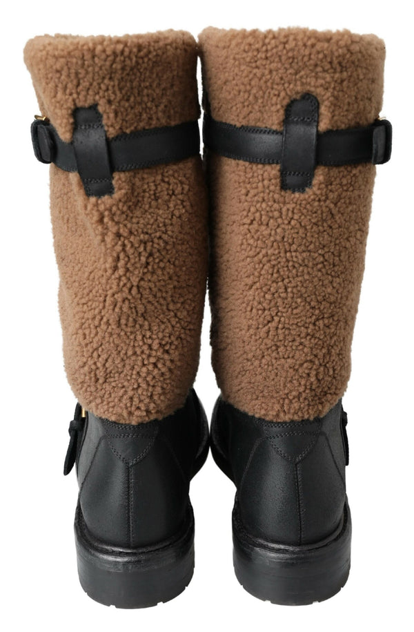 Dolce &amp; Gabbana mustat nahkaiset ruskeat shearling-saappaat