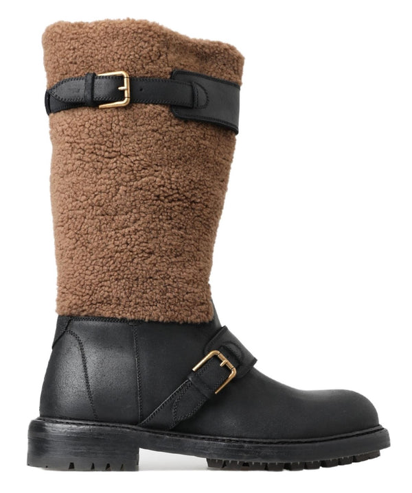 Dolce &amp; Gabbana mustat nahkaiset ruskeat shearling-saappaat