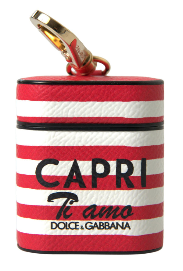 Dolce &amp; Gabbana Red Stripe Dauphine Leather Logo Print Strap Airpod -kotelo