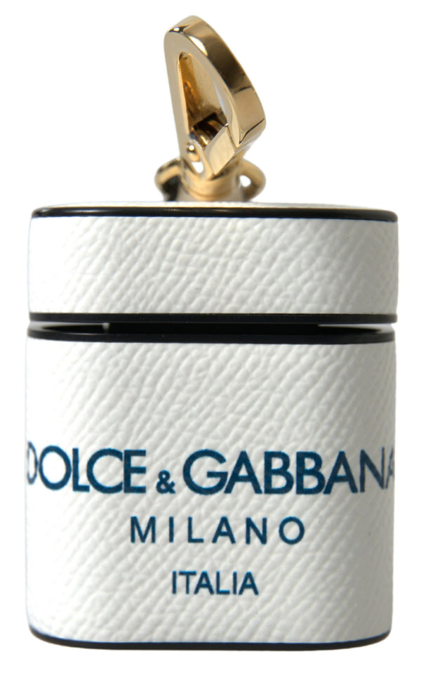 Dolce &amp; Gabbana White Blue Calf Leather Logo Print Strap Airpods -kotelo