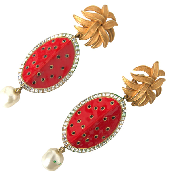 Dolce &amp; Gabbana Red Watermelon Gold Brass Crystal Clip riippuvat korvakorut