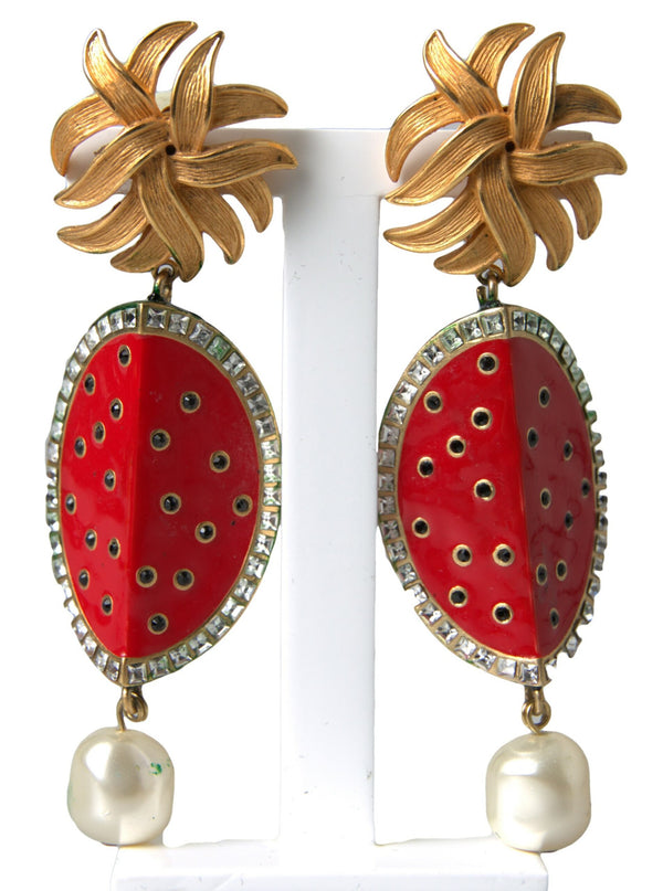 Dolce &amp; Gabbana Red Watermelon Gold Brass Crystal Clip riippuvat korvakorut