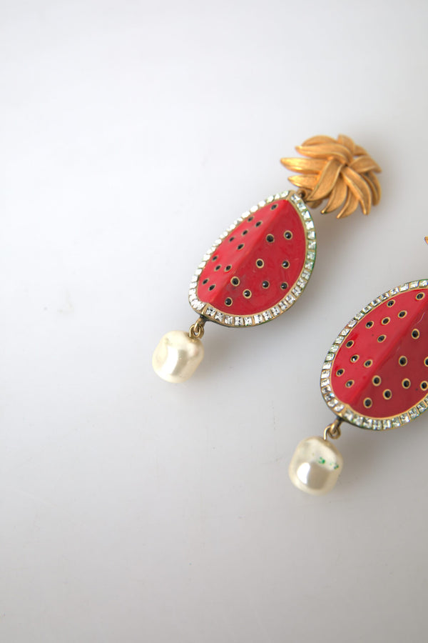 Dolce &amp; Gabbana Red Watermelon Gold Brass Crystal Clip riippuvat korvakorut