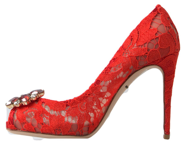 Dolce &amp; Gabbana Red Taormina Lace Crystal Heels Pumps -kengät