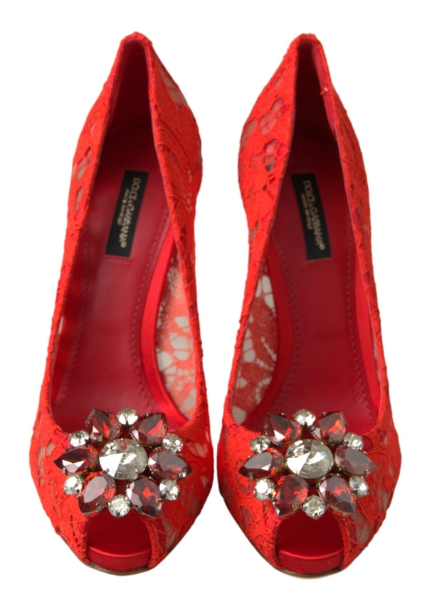 Dolce &amp; Gabbana Red Taormina Lace Crystal Heels Pumps -kengät