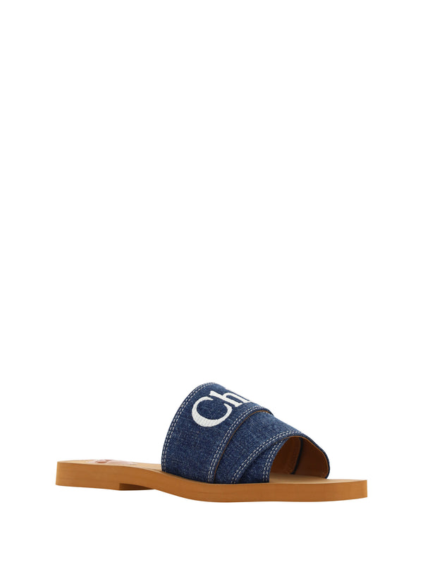 Chloé Denim Blue Cotton Slides Woody sandaalit