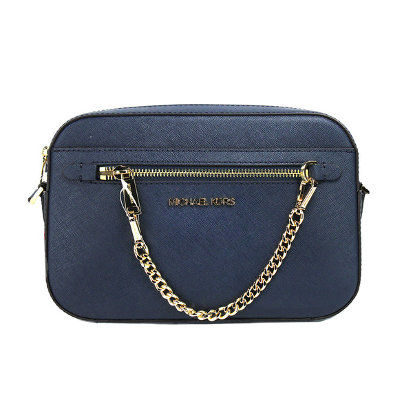 Michael Kors Jet Set Suuri East West Navy Nahkainen vetoketjuketju Crossbody Laukku Kukkaro