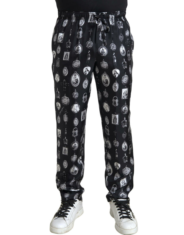 Dolce &amp; Gabbana Black Religious Print Joggers Silk Miesten housut