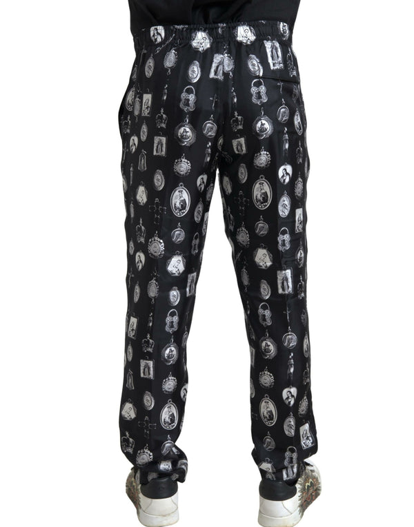 Dolce &amp; Gabbana Black Religious Print Joggers Silk Miesten housut