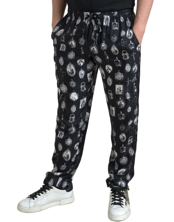 Dolce &amp; Gabbana Black Religious Print Joggers Silk Miesten housut