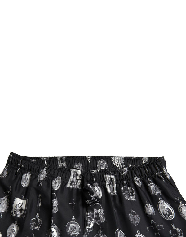 Dolce &amp; Gabbana Black Religious Print Joggers Silk Miesten housut