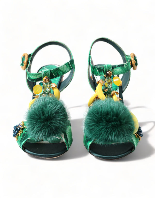 Dolce &amp; Gabbana Green Banana Leaf koristellut T-Strap Sandals -kengät