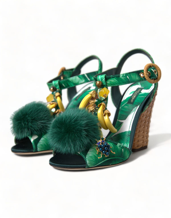 Dolce &amp; Gabbana Green Banana Leaf koristellut T-Strap Sandals -kengät