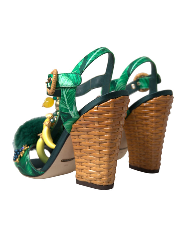 Dolce &amp; Gabbana Green Banana Leaf koristellut T-Strap Sandals -kengät