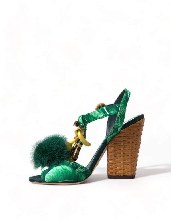 Dolce &amp; Gabbana Green Banana Leaf koristellut T-Strap Sandals -kengät