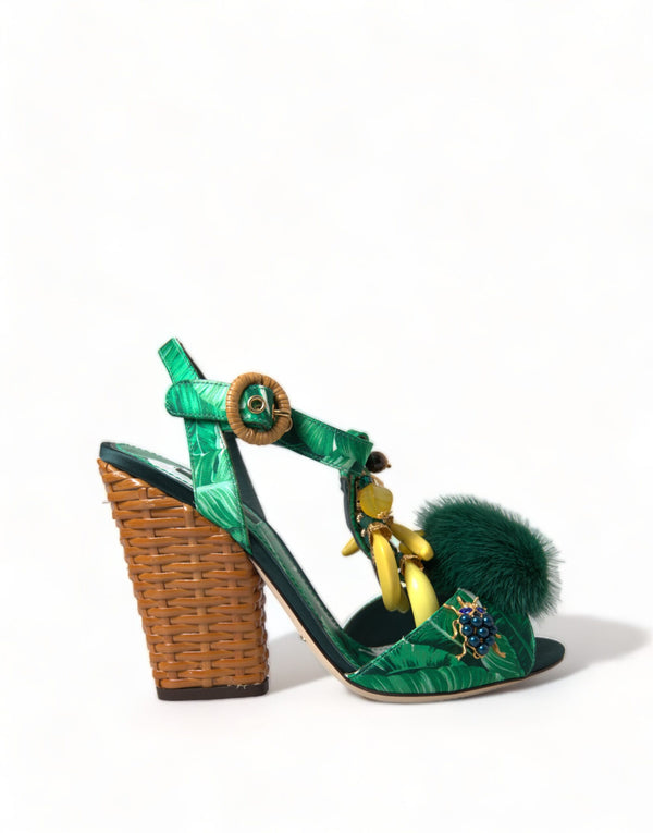 Dolce &amp; Gabbana Green Banana Leaf koristellut T-Strap Sandals -kengät