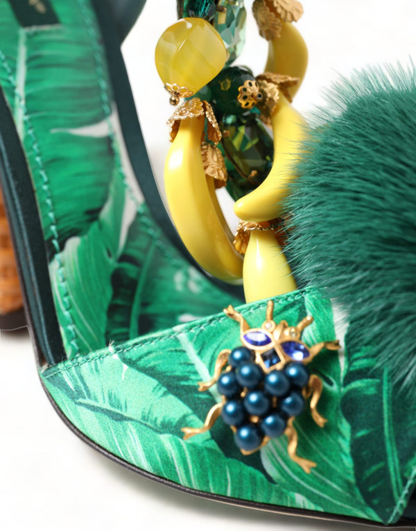 Dolce &amp; Gabbana Green Banana Leaf koristellut T-Strap Sandals -kengät