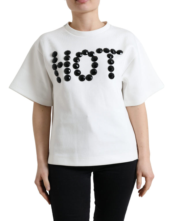 Dolce &amp; Gabbana T-paita White Cotton Stretch Black HOT Crystal