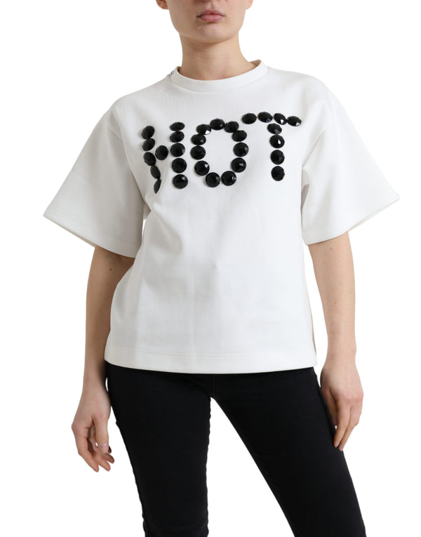 Dolce &amp; Gabbana T-paita White Cotton Stretch Black HOT Crystal