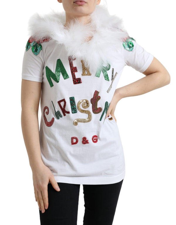 Dolce &amp; Gabbana White Cotton Christmas Sequin Fur T-paita