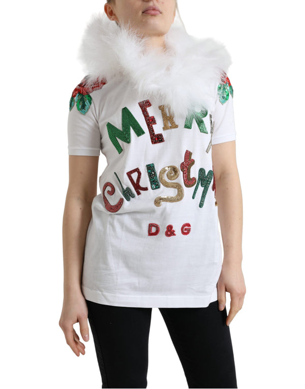 Dolce &amp; Gabbana White Cotton Christmas Sequin Fur T-paita