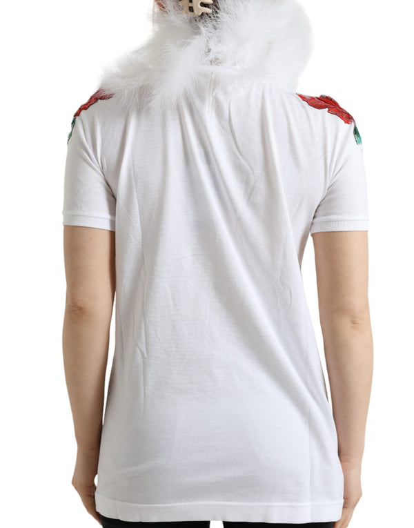 Dolce &amp; Gabbana White Cotton Christmas Sequin Fur T-paita