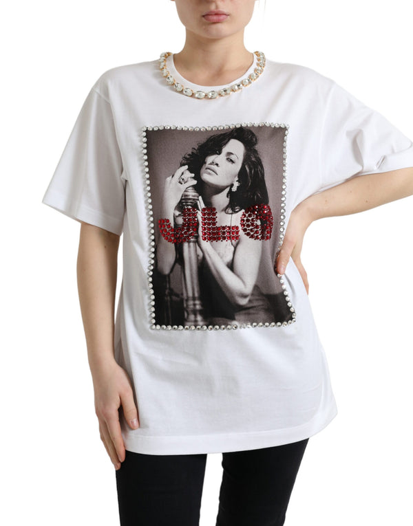 Dolce &amp; Gabbana White Crystal Neckline Print T-paita