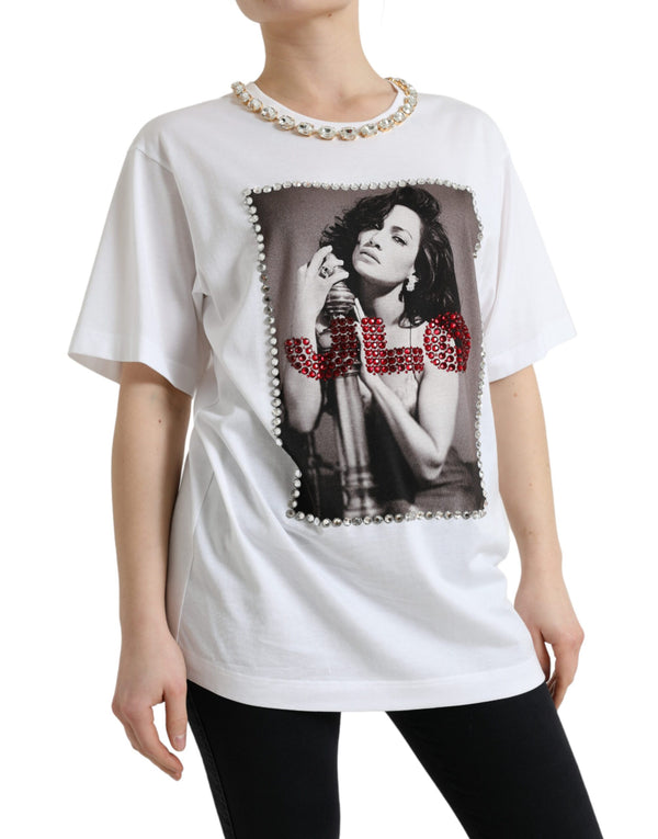 Dolce &amp; Gabbana White Crystal Neckline Print T-paita