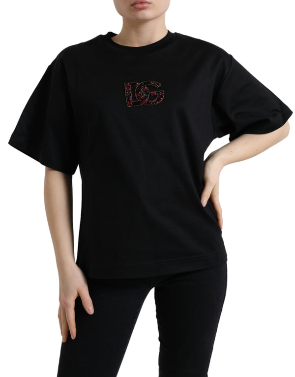 Dolce &amp; Gabbana Black Cotton DG Crystal Crewneck Tee T-paita