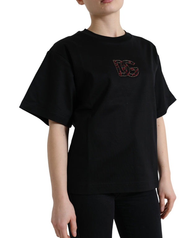 Dolce &amp; Gabbana Black Cotton DG Crystal Crewneck Tee T-paita