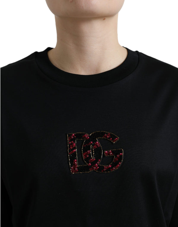 Dolce &amp; Gabbana Black Cotton DG Crystal Crewneck Tee T-paita