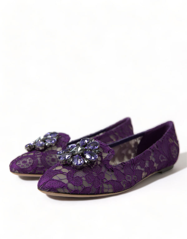 Dolce &amp; Gabbana Purple Vally Taormina Lace Crystals Flats -kengät