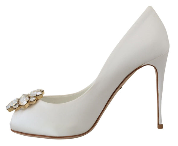 Dolce &amp; Gabbana White Crystals Peep Toe Heel -satiinipumput