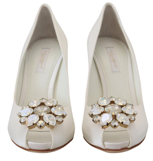 Dolce &amp; Gabbana White Crystals Peep Toe Heel -satiinipumput