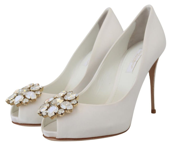 Dolce &amp; Gabbana White Crystals Peep Toe Heel -satiinipumput