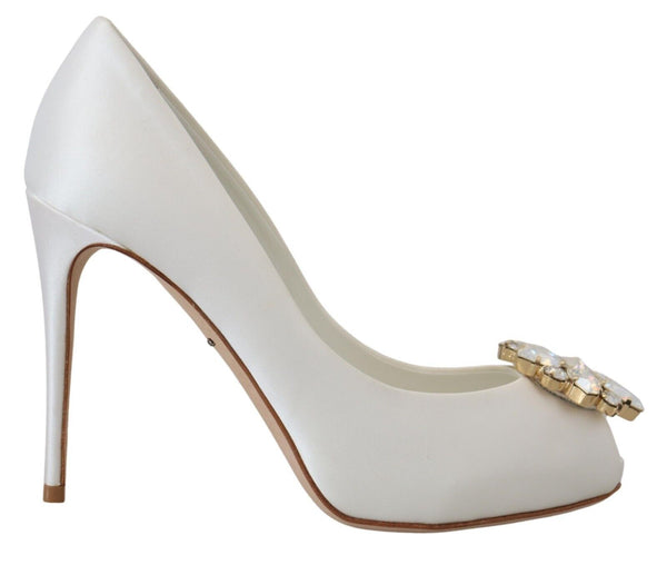 Dolce &amp; Gabbana White Crystals Peep Toe Heel -satiinipumput